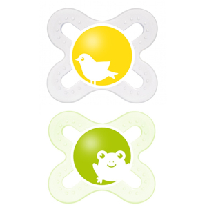 MAM - Start - Пустышка силиконовая, 0-2 месяцев, 2 шт., прозрачная и светло-зеленая, птенец и лягушонок