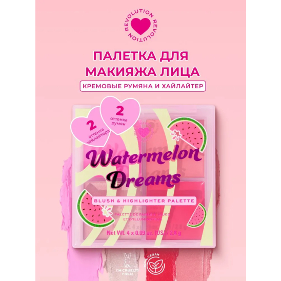 Палетка для макияжа: кремовые румяна и хайлайтер Watermelon Dreams Blush & Highlighter Palette - 3