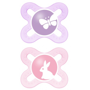 MAM - Start - Пустышка силиконовая, 0-2 месяцев, 2 шт., сиреневая и розовая, бабочка и зайка