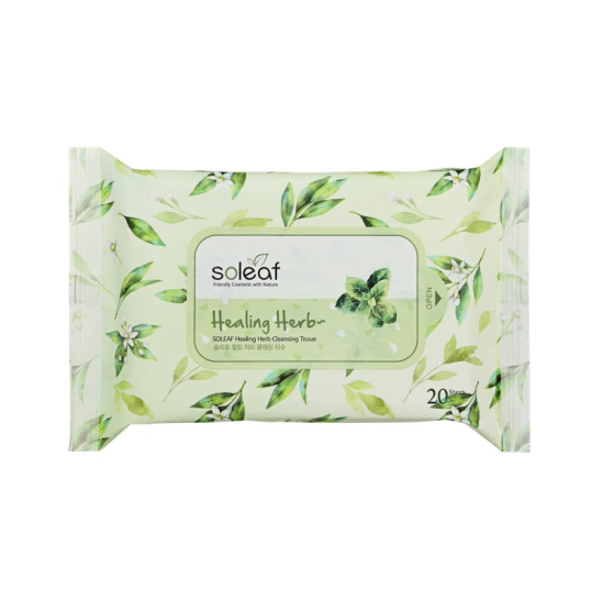Салфетки для снятия макияжа с зеленым чаем Healing Herb Cleansing Tissue, 20 шт - 1
